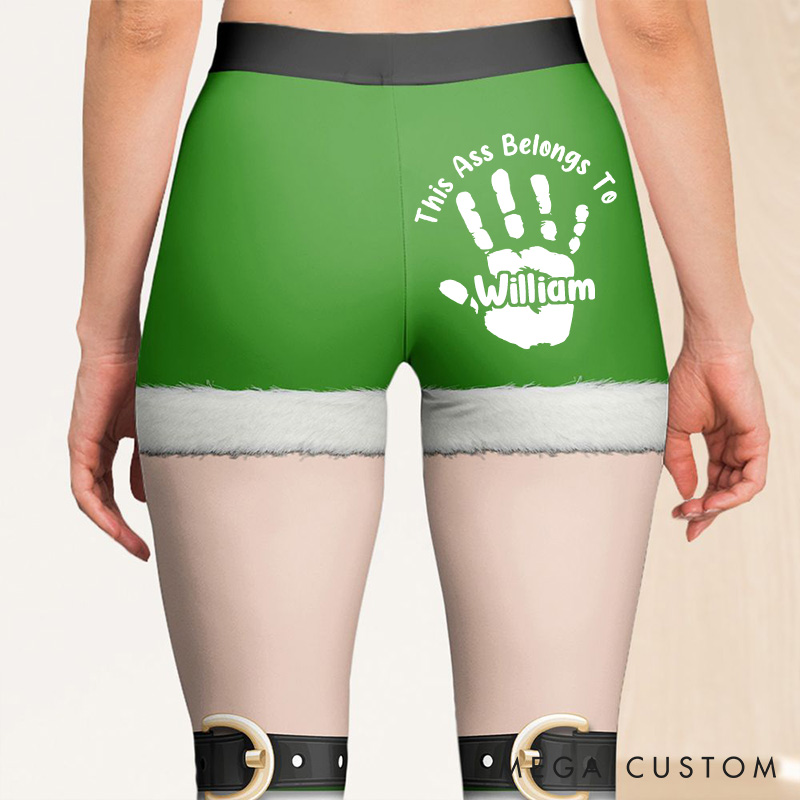 Personalized Funny Girlfriend Wife This Ass Belongs To Boyfriend Husband Leggings Woman Christmas Elf Leggings with Man Name Christmas Gift for Her