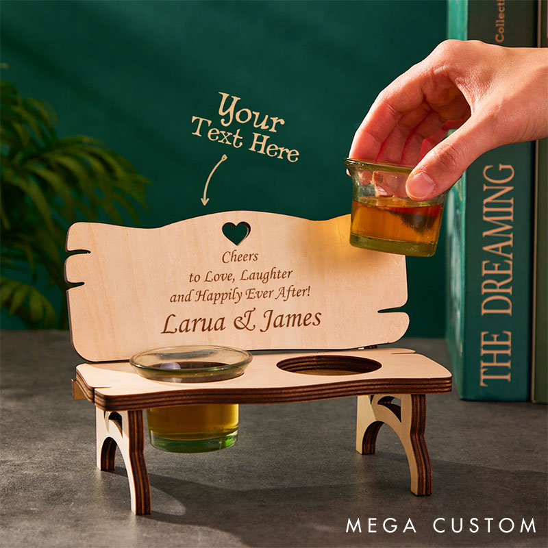 Personalized Wooden Shot Glass Holder Custom Couple Wooden Bench With Shot Glasses Couple Shot Tray for Husband Wife
