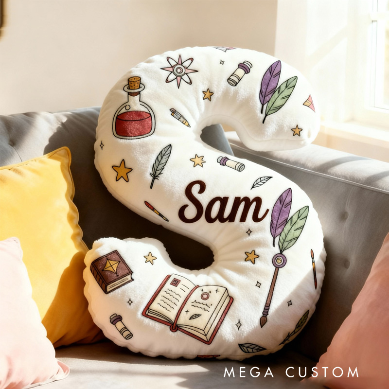 Personalized Magic Book Alphabet Throw Pillow Bookworm Letter Pillow with Name Vintage Bookish Initial Kids Pillow Gift for Book Lover