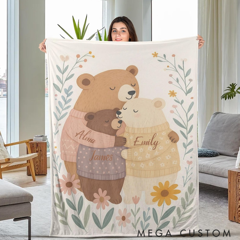 Personalized Family Bear Blanket Custom Name Christmas Gift for Mom Grandma