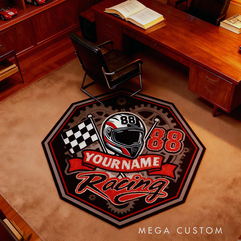 Personalized Racing Rug Custom Name Race Track Theme Carpet for Garage Bedroom or Living Room