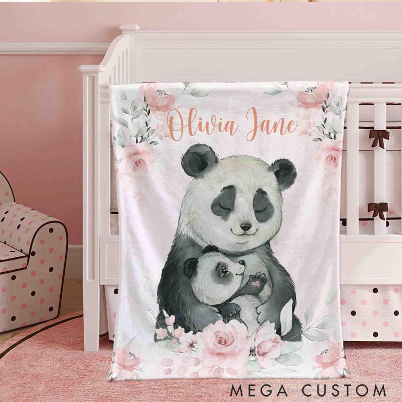 Personalized Mom and Baby Panda Custom Name Floral Panda Blanket Flowers Christmas Gift for Mom Grandma
