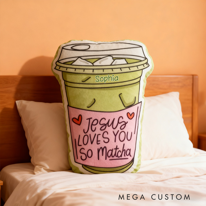 Personalized Jesus Loves you so Matcha Pillow with Custom Name Home Decor Religious Gift for Women Birthday Gift for Matcha Lover