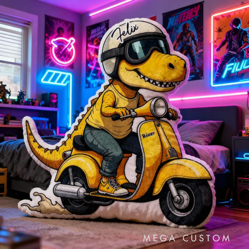 Personalized Cartoon Shaped Pillow Helmet Dinosaur Riding An Electric Bike Cool Gift for Motorcycle Lovers