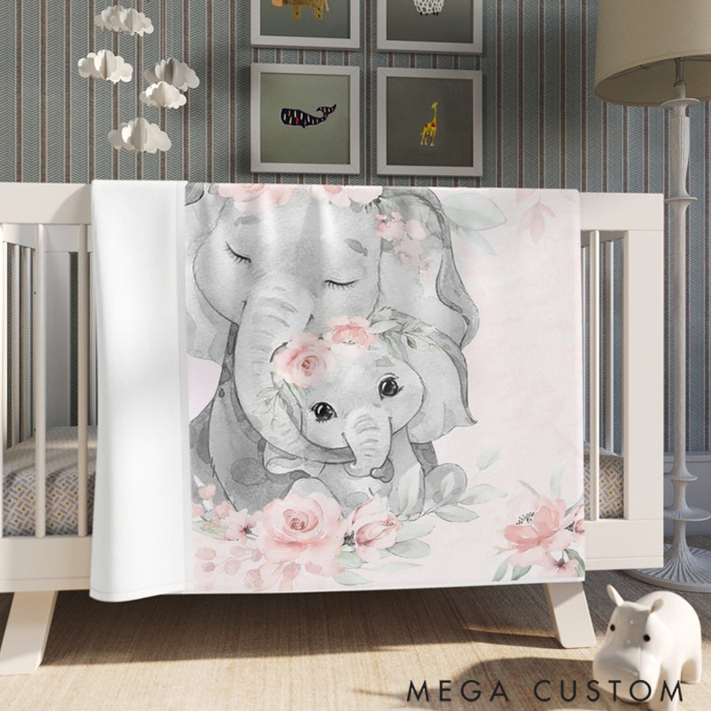 Personalized Mom and Baby Elephant  Custom Name Floral Elephant  Blanket Flowers Room Decor for Mom Grandma kids