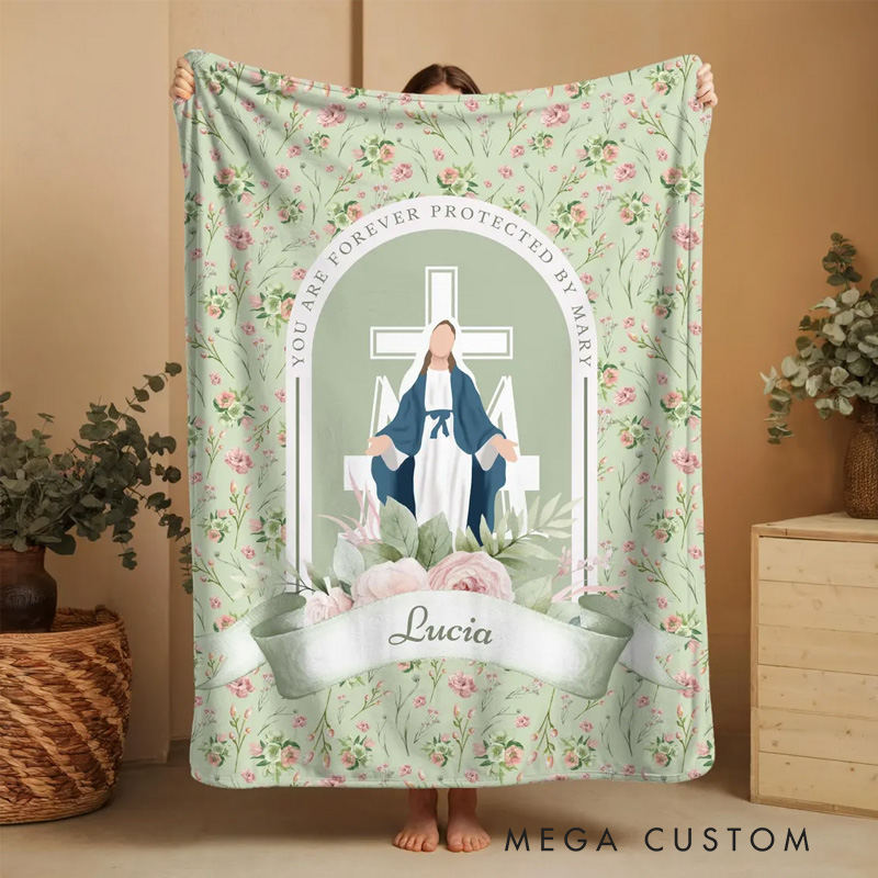 Personalized you are Forever Protected by Mary Floral Throw Blanket with Name Home Decor Religious Gift Catholic Gift for Women