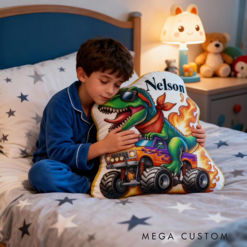 Personalized Dinosaur Monster Truck Pillow Custom Name Plush Cushion Cute Gift for Motorcycle Lovers and Motorcyclists