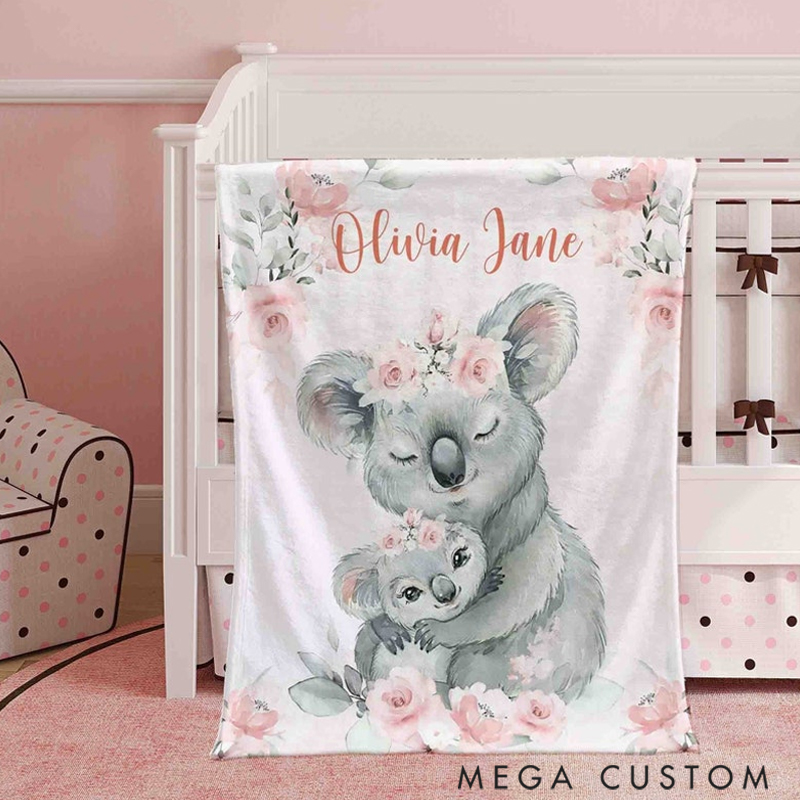 Personalized Mom And Baby Koala Custom Name Floral Elephant  Blanket Flowers Room Decor for Mom Grandma kids