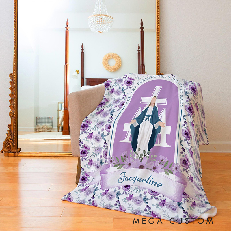 Personalized Purple Floral you are Forever Protected by Mary Throw Blanket with Name Home Decor Religious Gift Catholic Gift for Women