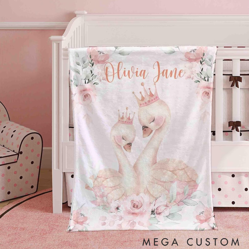 Personalized Mom And Baby Swan Custom Name Floral Swan Blanket Flowers Room Decor for Mom Grandma Kids