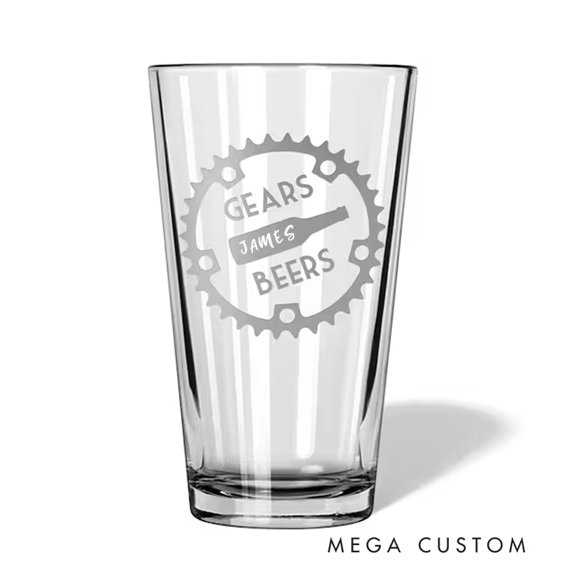 Personalized Beers and Gears Pint Glass Bicycle Glass Bike Glasses Cycle Race Cycling Gifts Men Fathers Day Bike Gifts for Cycling Lovers