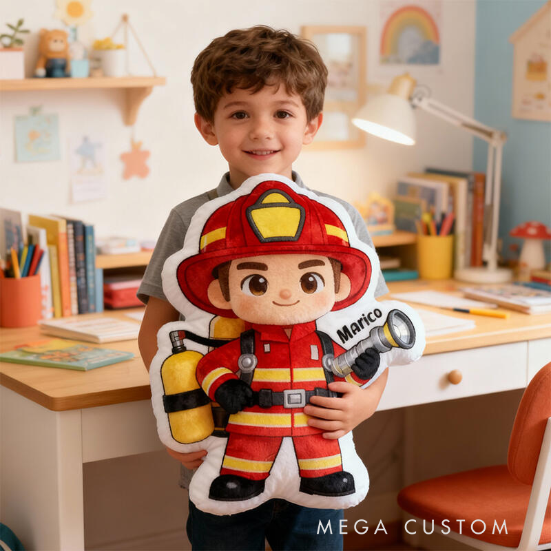 Personalized Firefighter Cartoon Pillow Custom Name Plush Cushion Hero‑Inspired Decorative Gift for Firefighter Enthusiasts