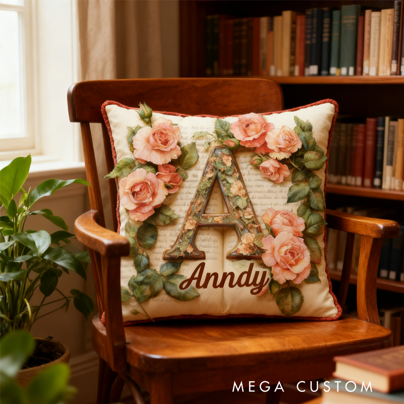 Personalized Rose Garden Book Alphabet Throw Pillow Vintage Floral Book Letter Pillow with Name for Kids Girl Gift for Reading Lover Pillow