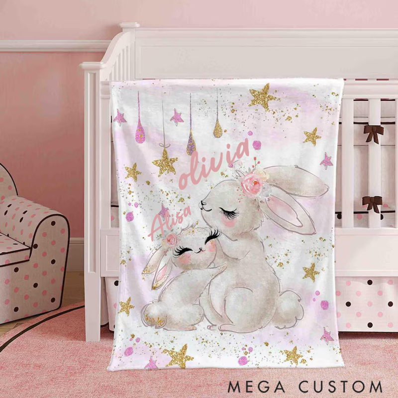 Personalized Bunny Baby Custom Name Floral Rabbit Blanket Flowers Room Decor for Mom Grandma Kids