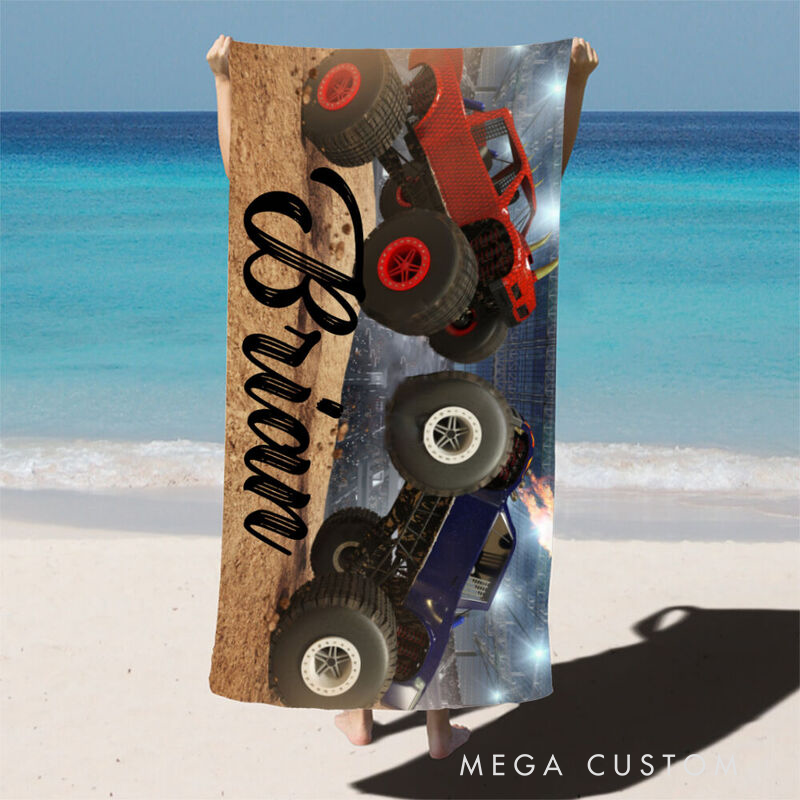 Personalized Monster Truck Beach Towel Custom Name Racing Off‑Road Style Towel Gift