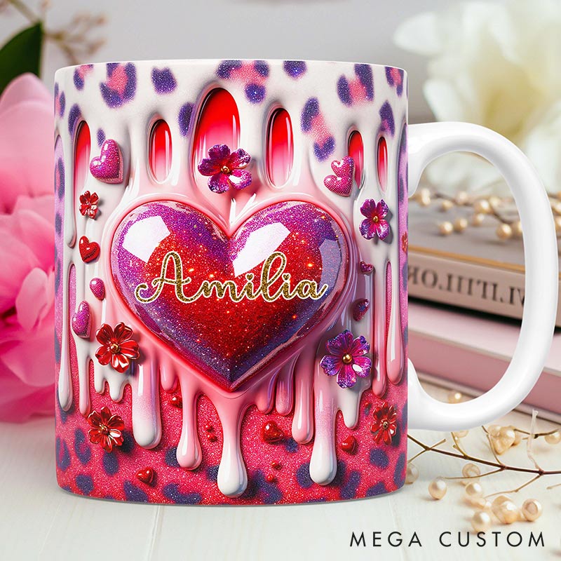 [Copy]Personalized 3D Printing Pink Heart Glittering Mug Custom Names Mug Edge-to-Edge Mug Valentine's Day Gift for Wife for Grilfriend for Her