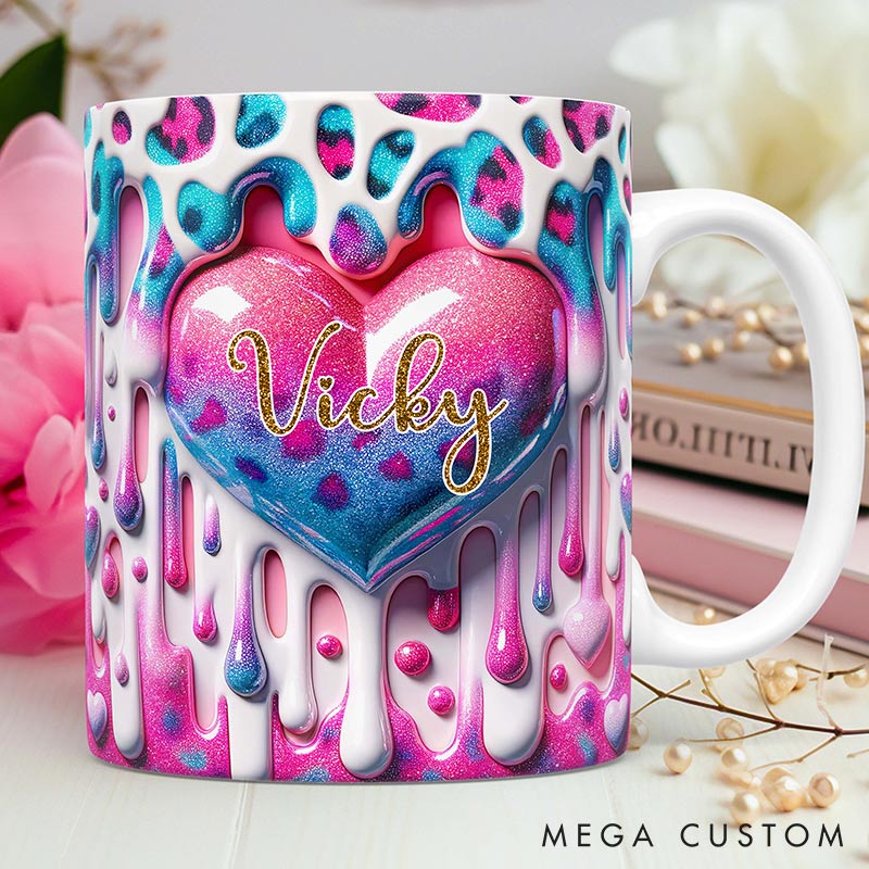 Personalized 3D Printing Pink Heart Glittering Mug Custom Names Mug Edge-to-Edge Mug Valentine's Day Gift for Wife for Grilfriend for Her