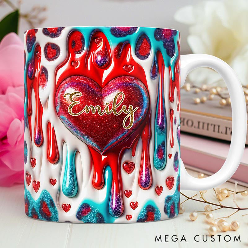 Personalized 3D Printing Pink Heart Glittering Mug Custom Names Mug Edge-to-Edge Mug Valentine's Day Gift for Wife for Grilfriend for Her