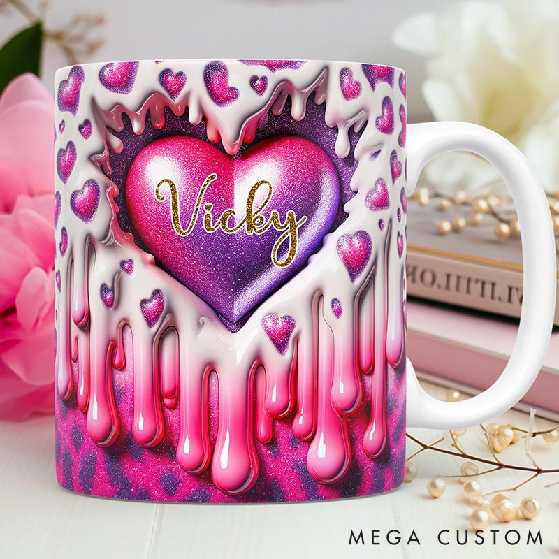 Personalized 3D Printing Pink Heart Glittering Mug Custom Names Mug Edge-to-Edge Mug Valentine's Day Gift for Wife for Grilfriend for Her