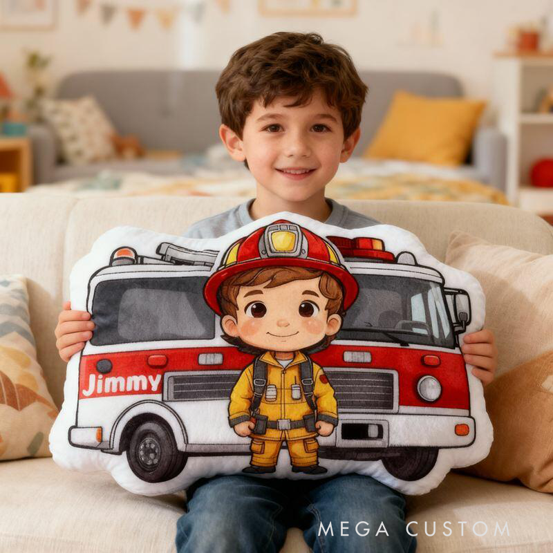 Personalized Cartoon Shaped Pillow Firefighter and Fire Truck Design Cool Gifts