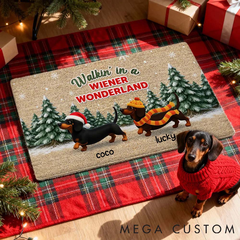 Personalized Dog Lover Dachshunds Walking in a Winter Wonderland Doormat