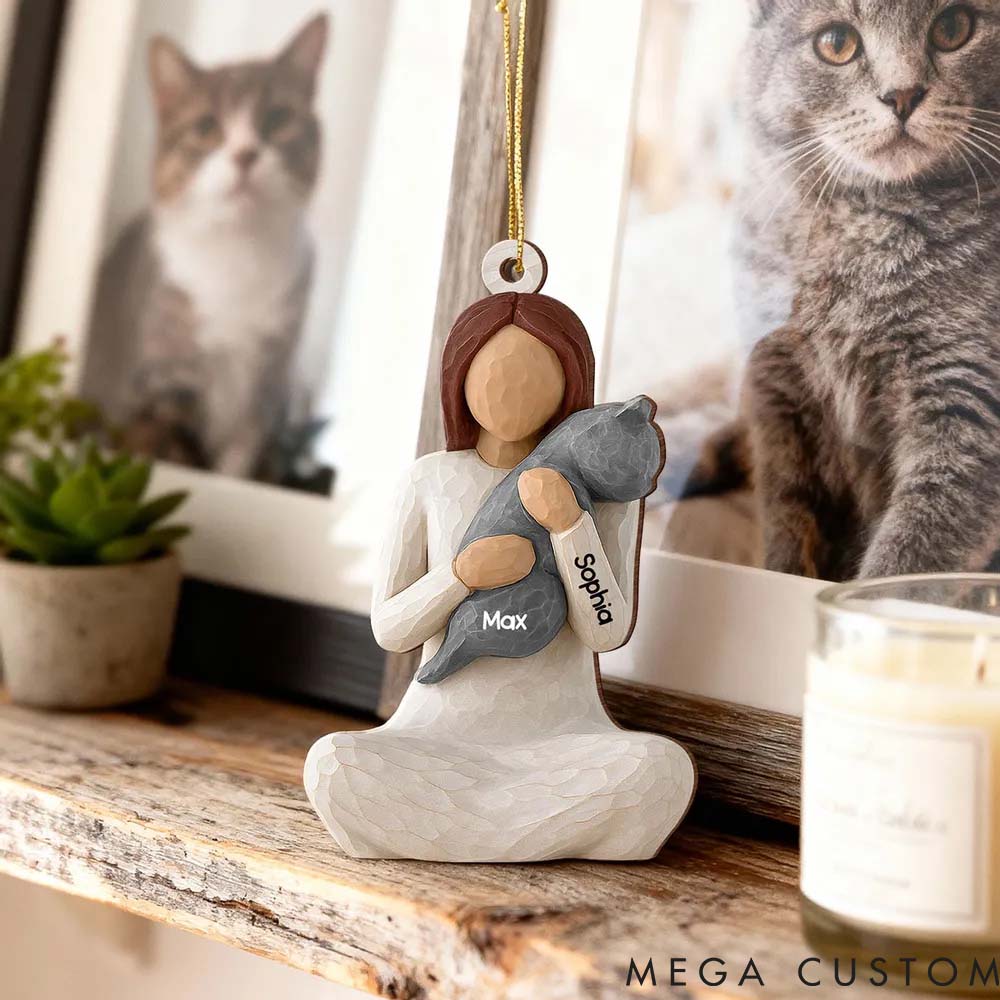 Personalized Cat Lover Woman Hugging Cat Christmas Ornament