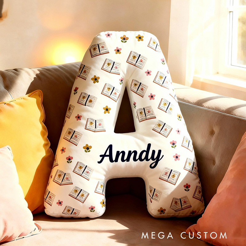 Personalized Floral Books Alphabet Throw Pillow Retro Book Letter Pillow with Name Bookish Initial Reader Pillow for Kids Boys Girl Book Lover Christmas Gift