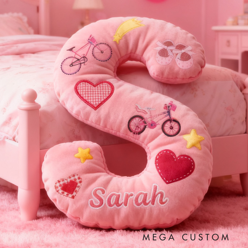 Personalized Cycling Pinky Heart Letter Pillow Graphic 3D Print Bow Letter Pillow Name Pillow Comfortable Travel Cushion for Riders Riding Lovers