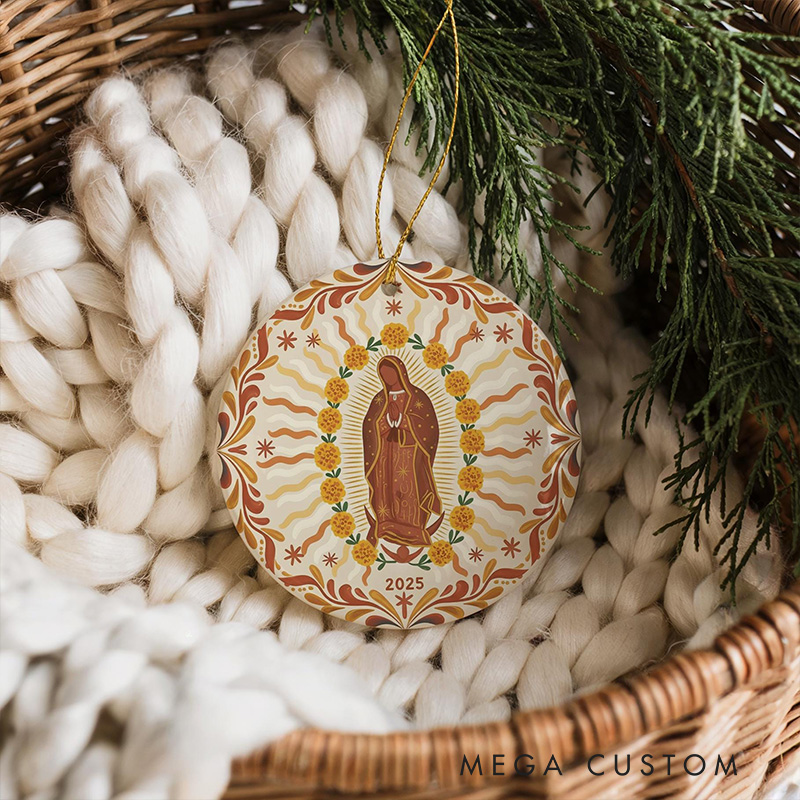 Personalized Our Lady of Guadalupe Marigolds Ceramic Ornament with Year Religious Gift Christmas Home Decor Catholic Gift