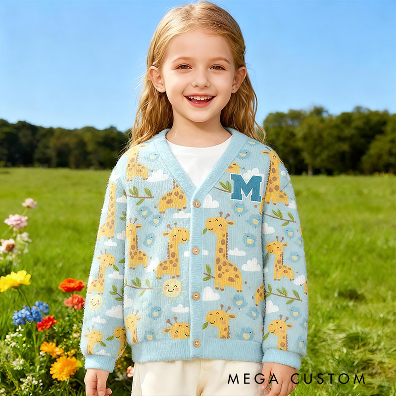 Personalized Cute Blue Giraffe Print Kids Cardigan Sweater Kids Gift