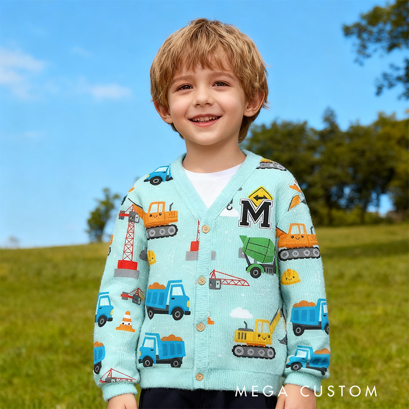Personalized Construction Adventure Kids Ugly Cardigan Sweater Kids Gift