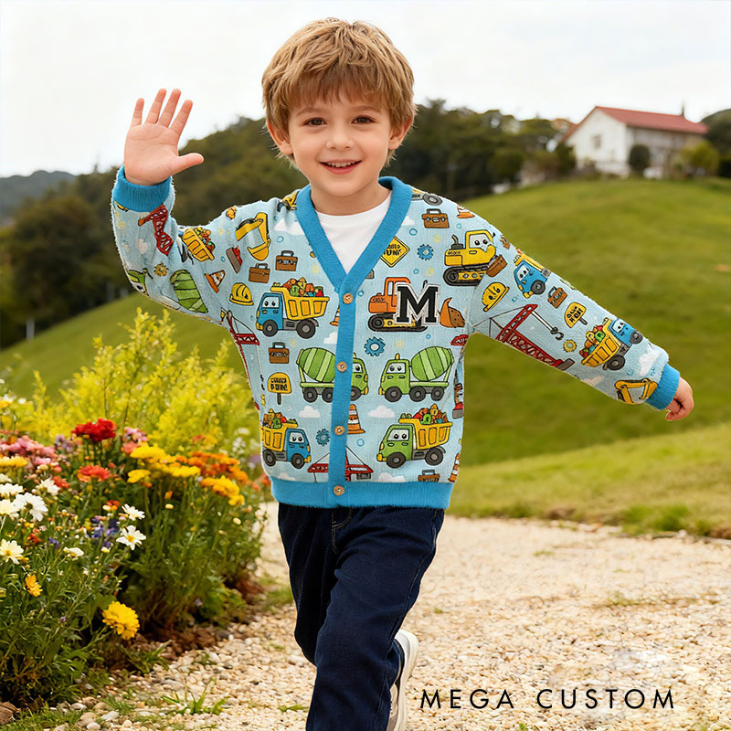 Personalized Construction Theme Kids Ugly Cardigan Sweaters Kids Gift