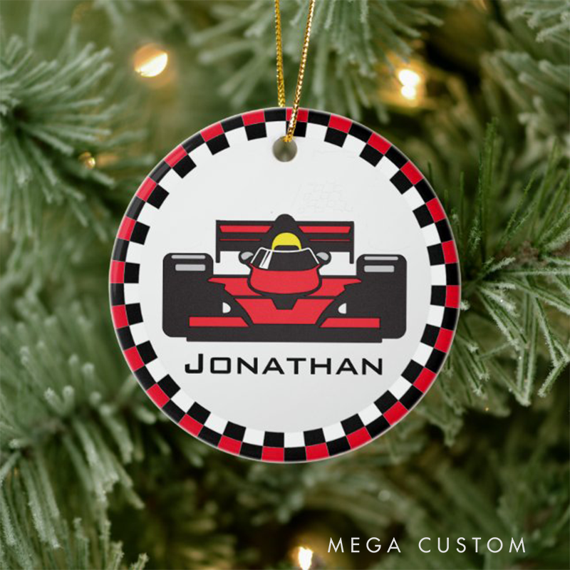 Personalized Racing Car Ceramic Ornament Custom Name Checkered Border Design Gift