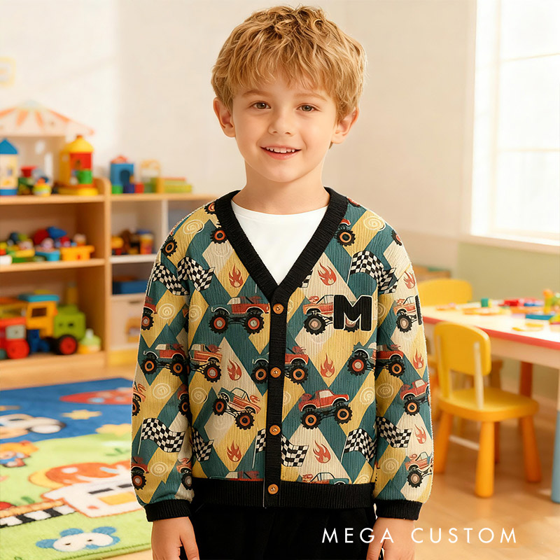Personalized Monster Truck Race Kids Cardigan Sweaters with Custom Initial Kids Gift