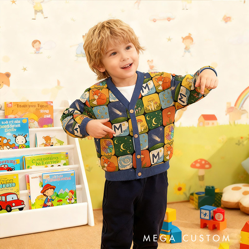 Personalized Forest Night Theme Kids Cardigan Sweaters with Custom Initial Kids Gift