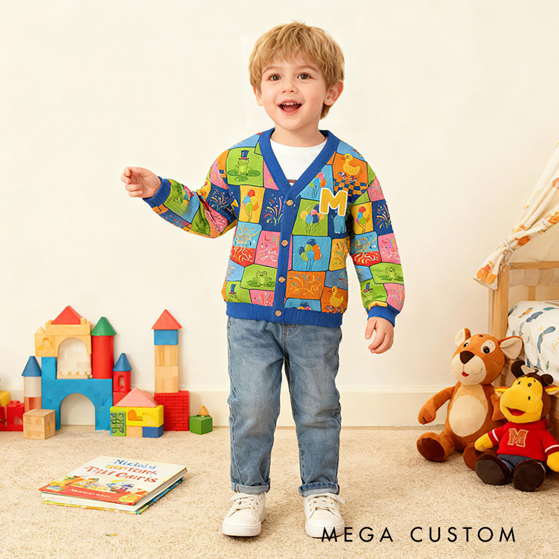 Personalized Colorful Circus Theme Kids Cardigan Sweaters with Custom Initial Kids Gift