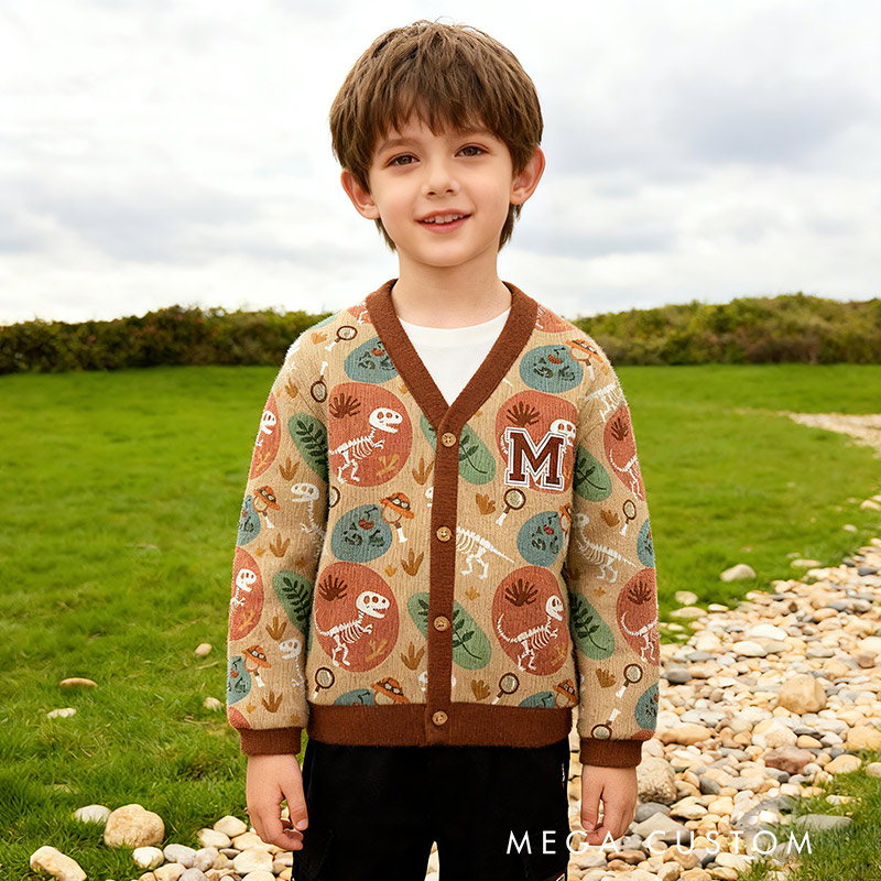 Personalized Dinosaur Fossil Exploration Theme Kids Cardigan Sweaters with Custom Initial