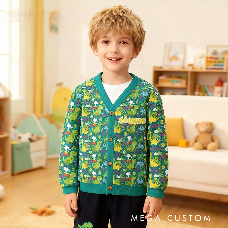 Personalized Colorful Dinosaur Adventure Kids Cardigan Sweaters with Custom Name Design