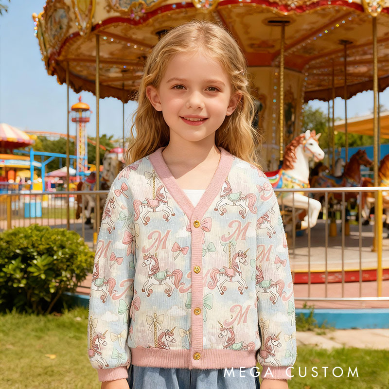 Personalized Pastel Carousel Unicorn Theme Kids Cardigan with Custom Initial