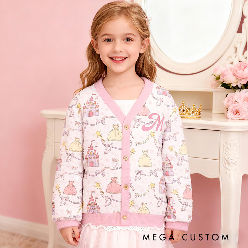 Personalized Princess Castle and Fairytale Dress Theme Kids Cardigan with Custom Initial