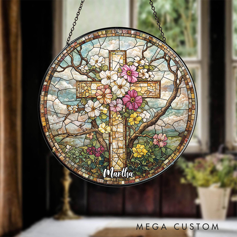 Personalized Floral Cross Stained Glass Suncatcher Ornament with Name Window Balcony Hanging Decor Home Decor Religious Gift