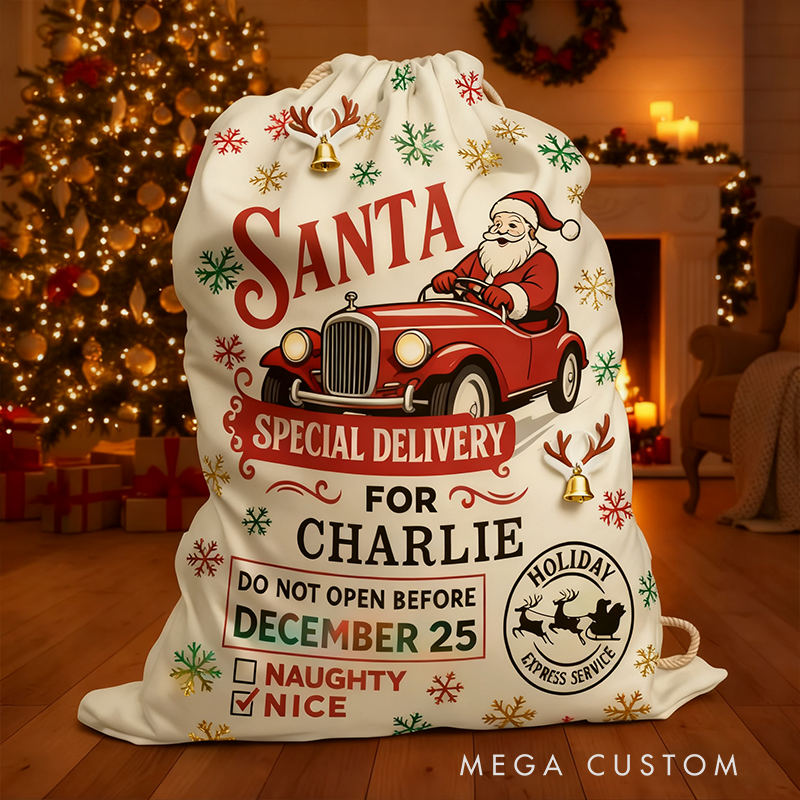 Personalized Santa Express Christmas Sack Custom Name Gift Bag Holiday Racing Delivery Fabric Toy Bag Festive Home Decoration