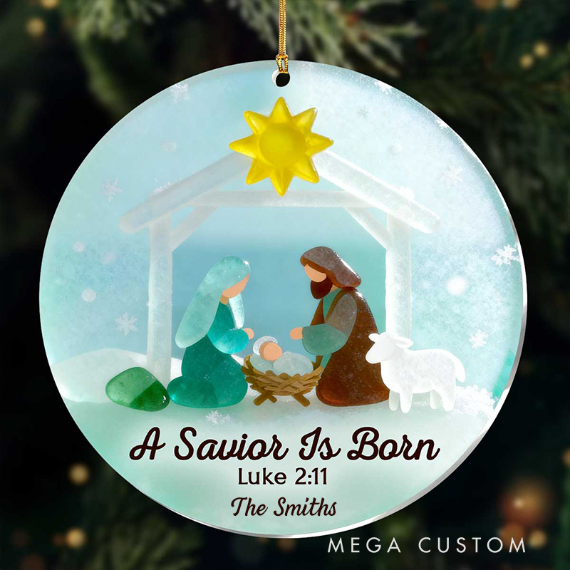 Personalized a Savior is Born Nativity Scene Acrylic Ornament with Family Name Religious Gift Christmas Tree Decor Christmas Gift for Family