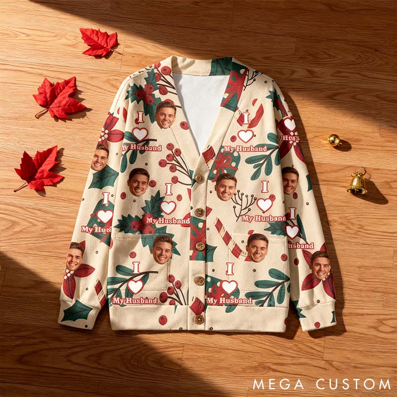 Personalized Couple Face Photo Christmas Cardigan Sweaters I Love My Husband Wife Christmas Knitted Cardigan Couple Christmas Gift