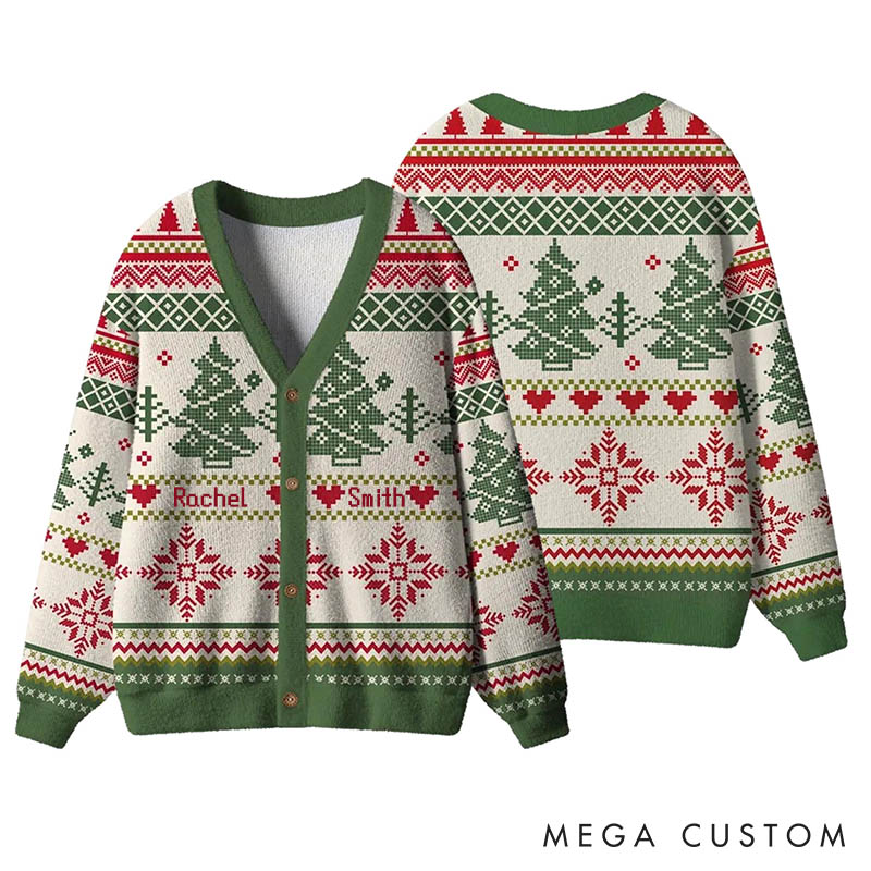 Personalized Couple Vintage Christmas Tree and Snowflakes Christmas Cardigan Sweater Newlyweds Matching Ugly Sweater Cozy Christmas Outfit for Him Her