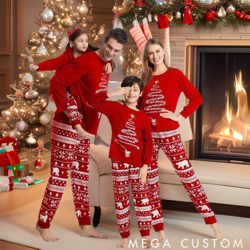 Personalized Christmas Pajamas for Family, Matching Family Christmas PJs Sets Christmas Tree Printed Top Sleepwear Festive Christmas Pajama Sets