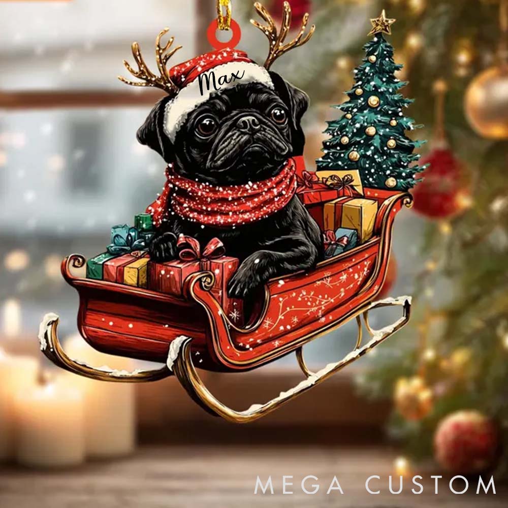 Personalized Pet Lover Custom Name Pet with Santa Hat Sitting on a Red Sleigh Christmas Ornament