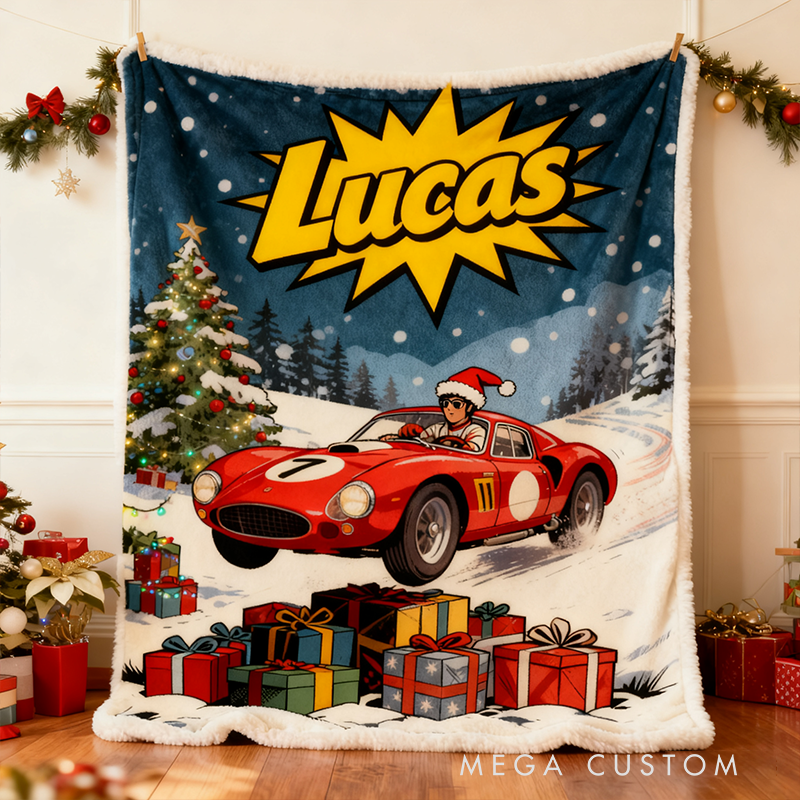 Personalized Christmas Racing Car Blanket Custom Name Holiday Gift Cozy Winter Throw for Racing Lovers