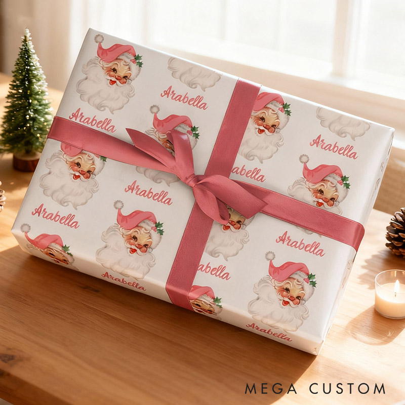 Personalized Vintage Pink Santa Christmas Wrapping Paper Couple Christmas Wrapping Paper Christmas Gift for Girlfriend Wife Boyfriend Husband
