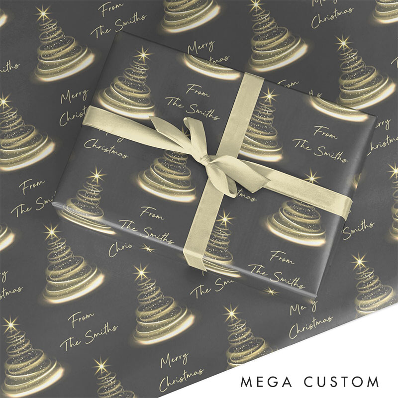 Personalized Gold Christmas Tree Wrapping Paper Custom Name Christmas Wrapping Paper Holiday Gift Wrap for Couple Girlfriend Wife Boyfriend Husband